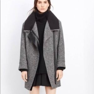 Vince Womens Shawl Collar Asymmetric Zip Leather Trim Wool Coat Gray Black